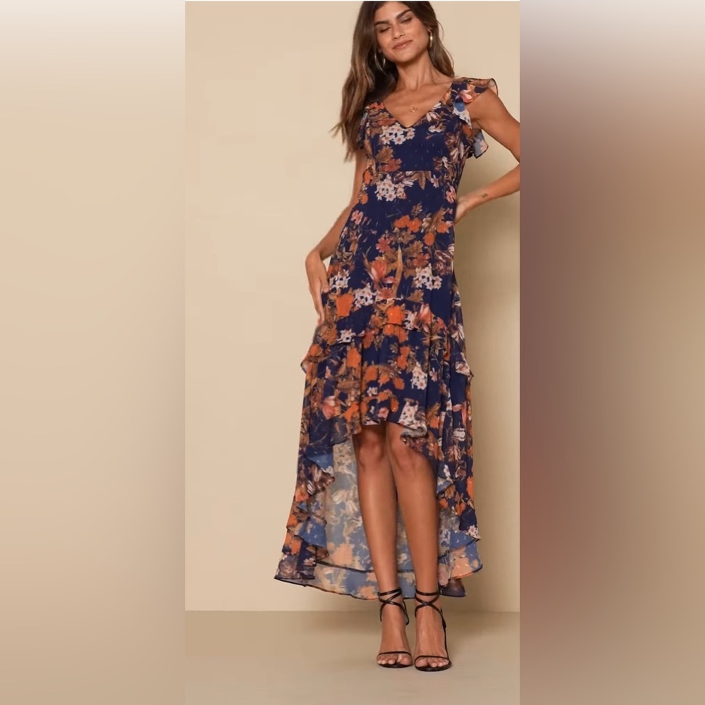 Lulu's Stunning Favorite Navy Blue Floral Ruffled High-Low Maxi Dress.NWT Size S - Picture 4 of 10